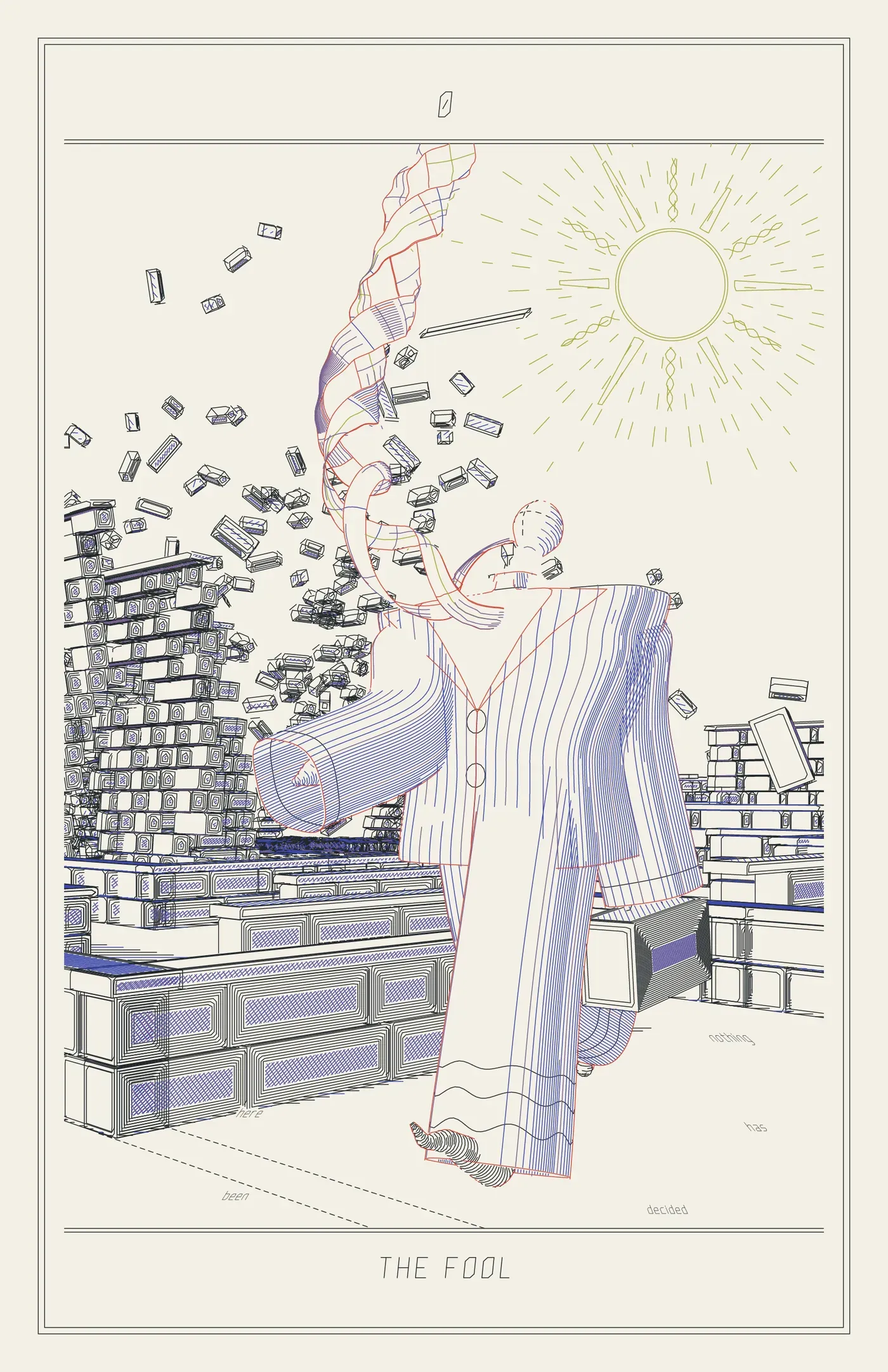 0 The Fool: a small-headed figure in a pinstriped suit far too big for him walks out of a maze of slab walls that grow and break apart upward behind him, his tie a helix streaming into the sky beside a pale dashed sun.