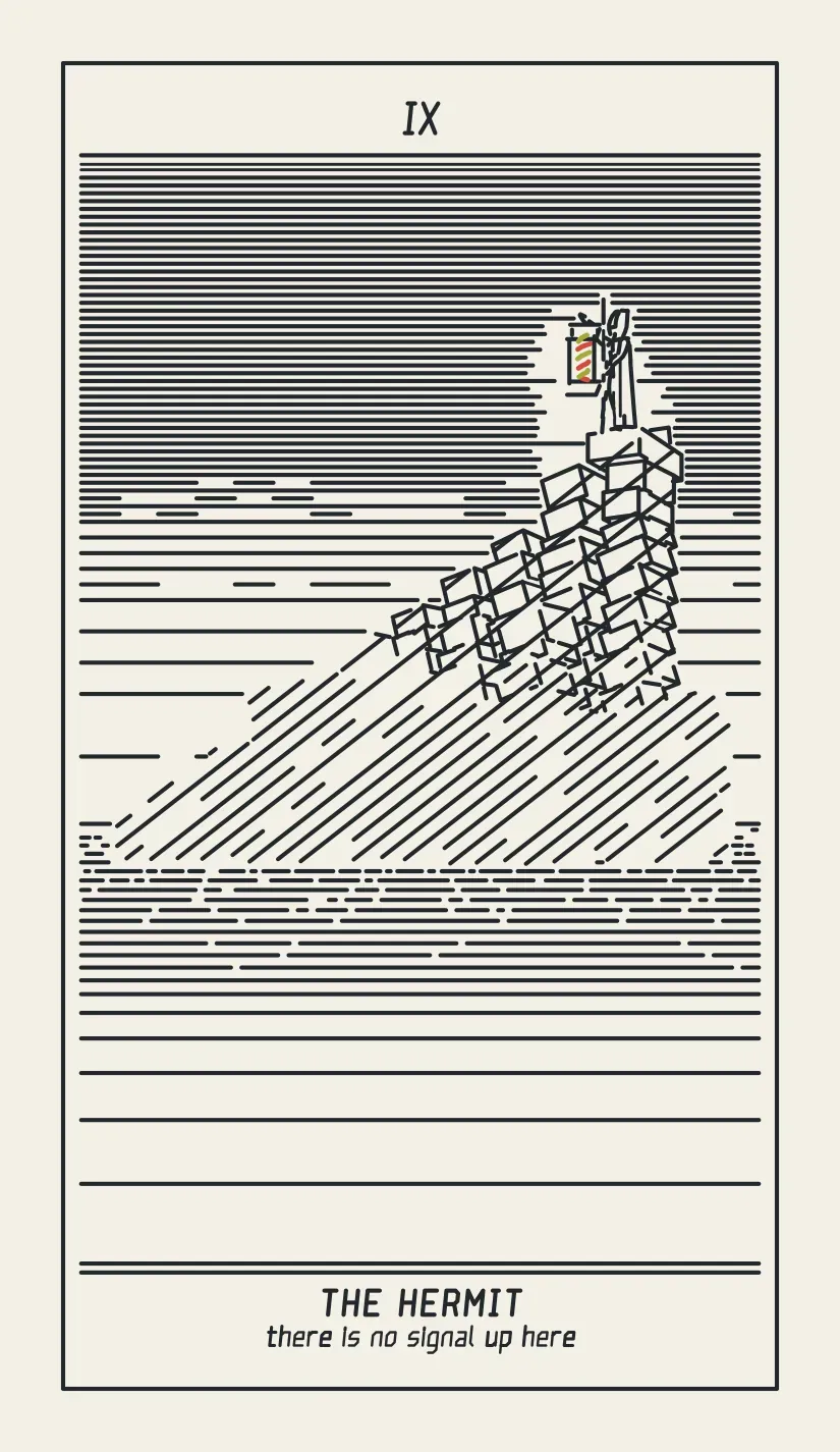 IX The Hermit, pocket size, with the phrase “there is no signal up here” under the name