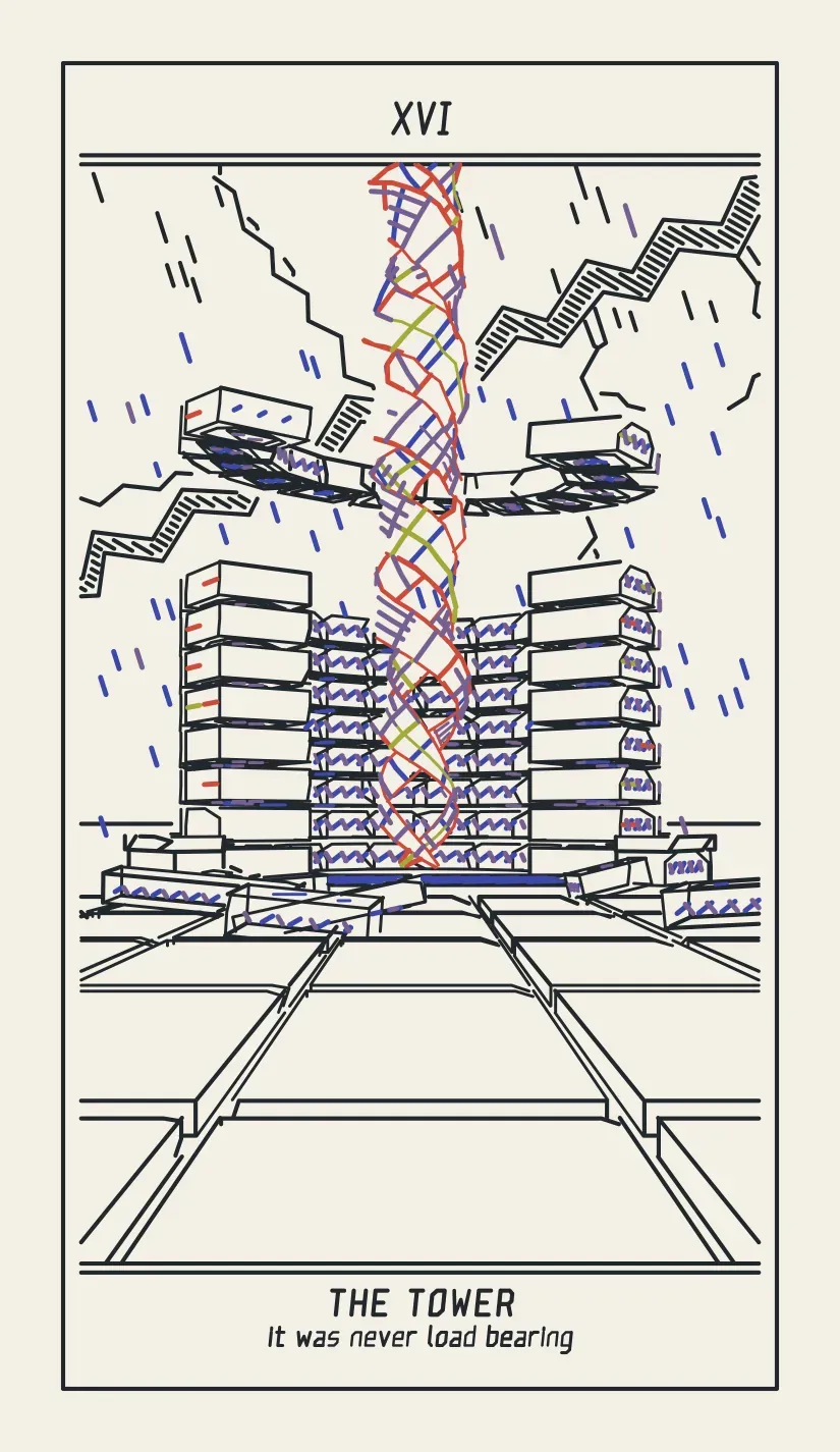 XVI The Tower, pocket size, with the phrase “it was never load bearing” under the name