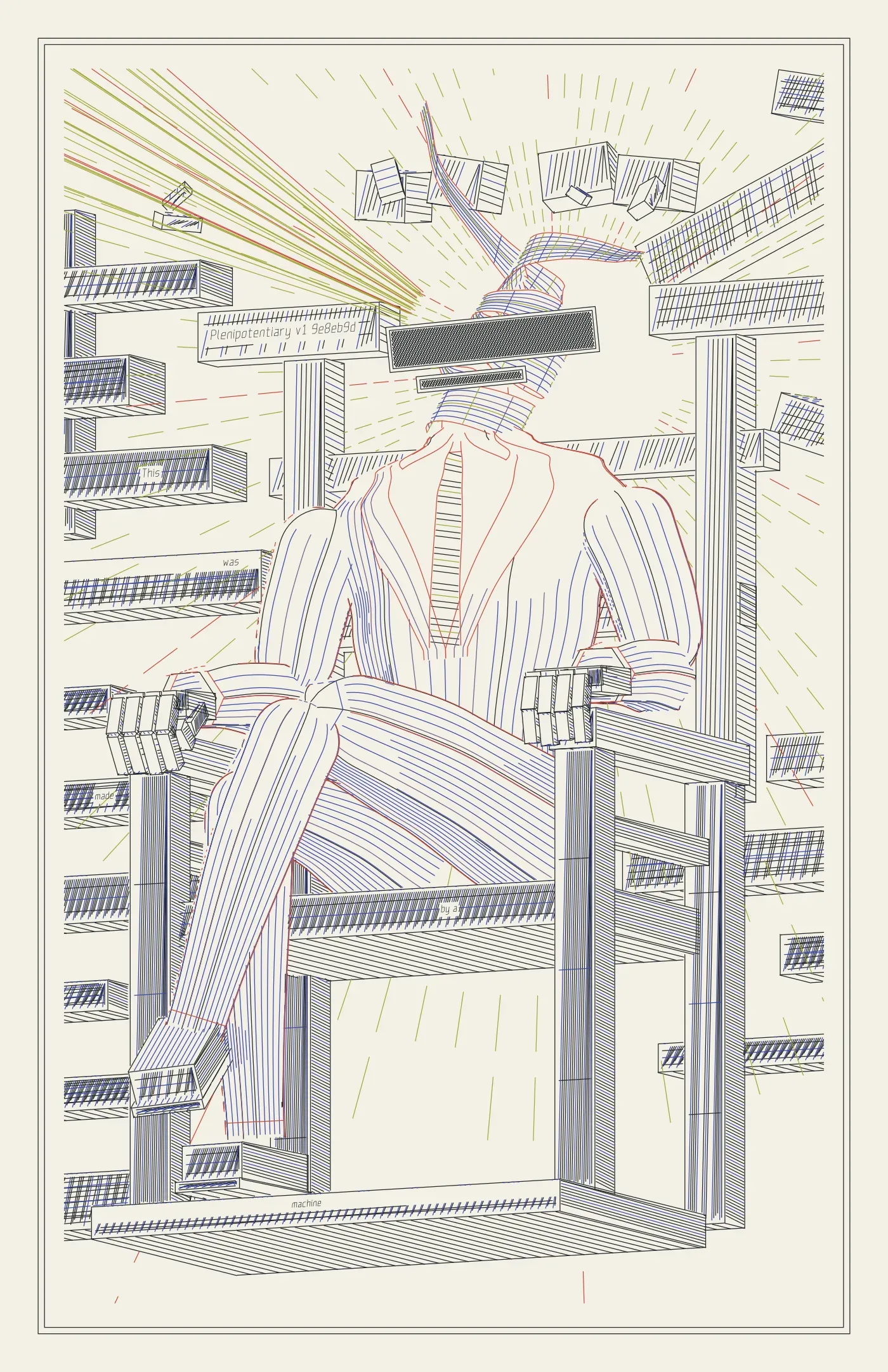 Plenipotentiary: a pinstripe-suited figure with a helix head and a censor bar over its eyes, on a slab throne.