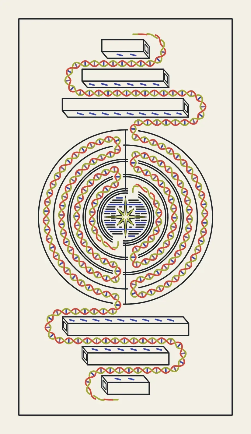 The card back: a round labyrinth with a star at its centre, a red, green and gold helix winding in and out of it and around three slabs above and three below, symmetric top to bottom.