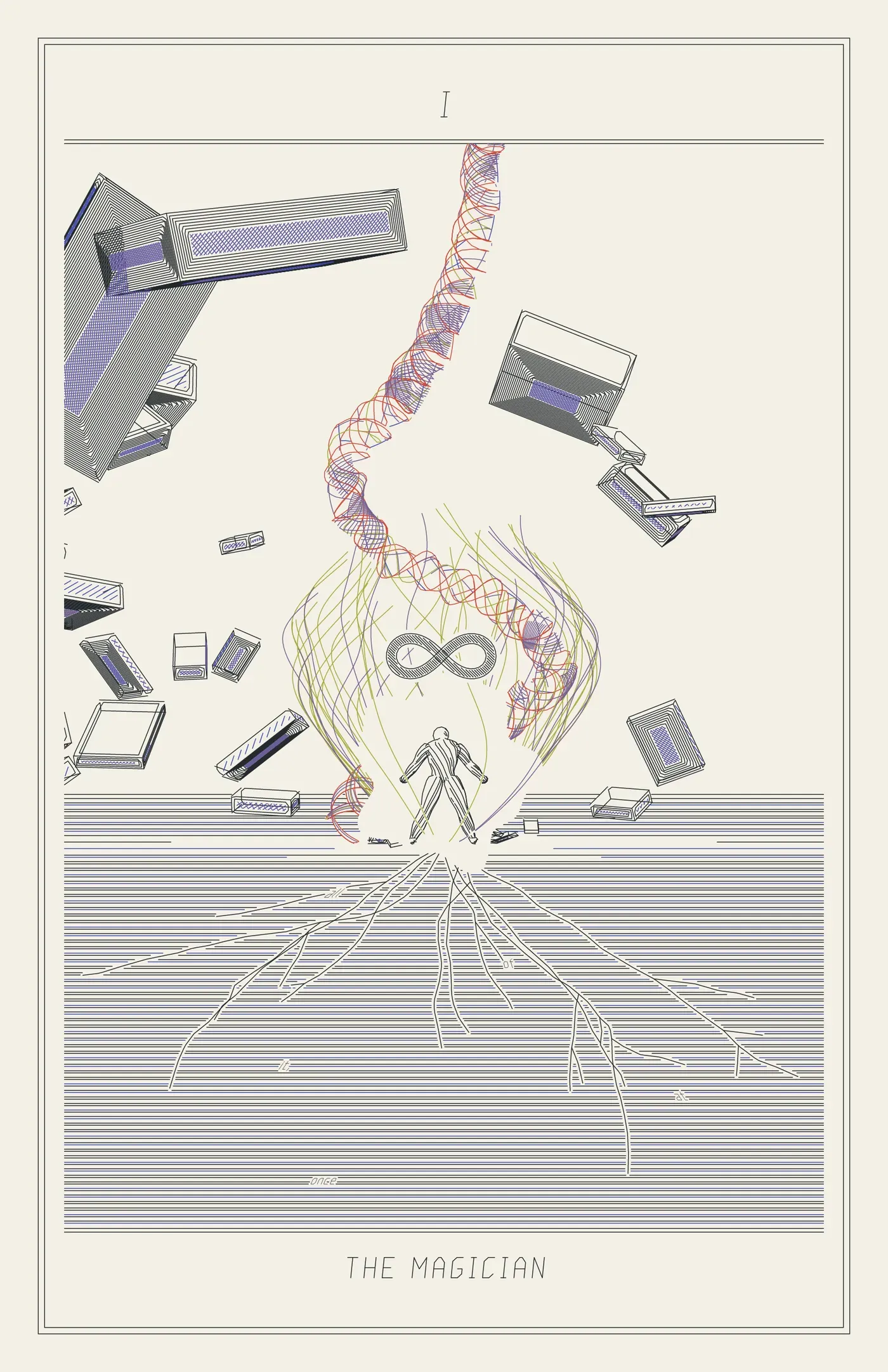 I The Magician: a small bare figure charging up, feet wide and fists clenched, in a clear pocket at the heart of a wide flame of fine lines, a helix spiralling behind it into the sky, blocks lifting all round and cracks running across the dark ground, a hatched infinity sign above.