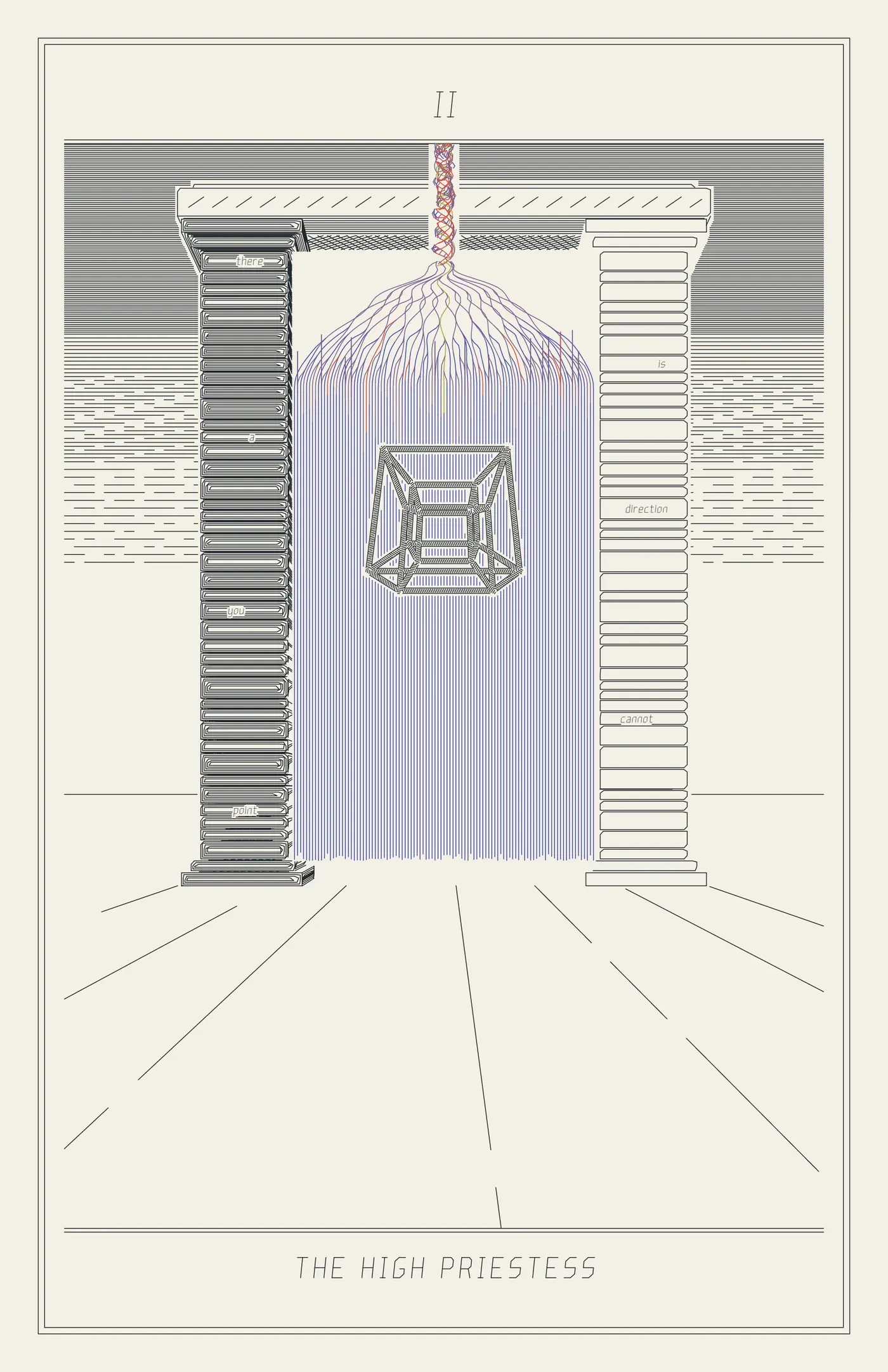 II The High Priestess: two pillars of slab courses, one dark and one pale, joined by a lintel; a wound helix cable comes down through the lintel and unwinds into a veil of fine blue threads, on which falls the flat shadow of a tesseract.
