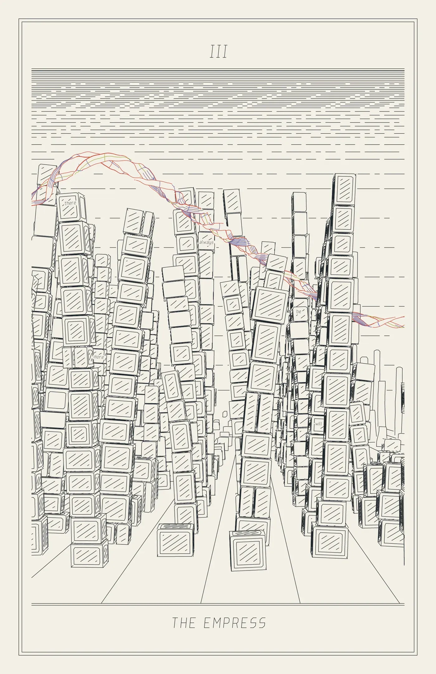 III The Empress: towers of stacked blocks standing in planted rows that converge on the horizon, some tall and ripe, some just sprouting, with the helix passing over their tops in one long S.