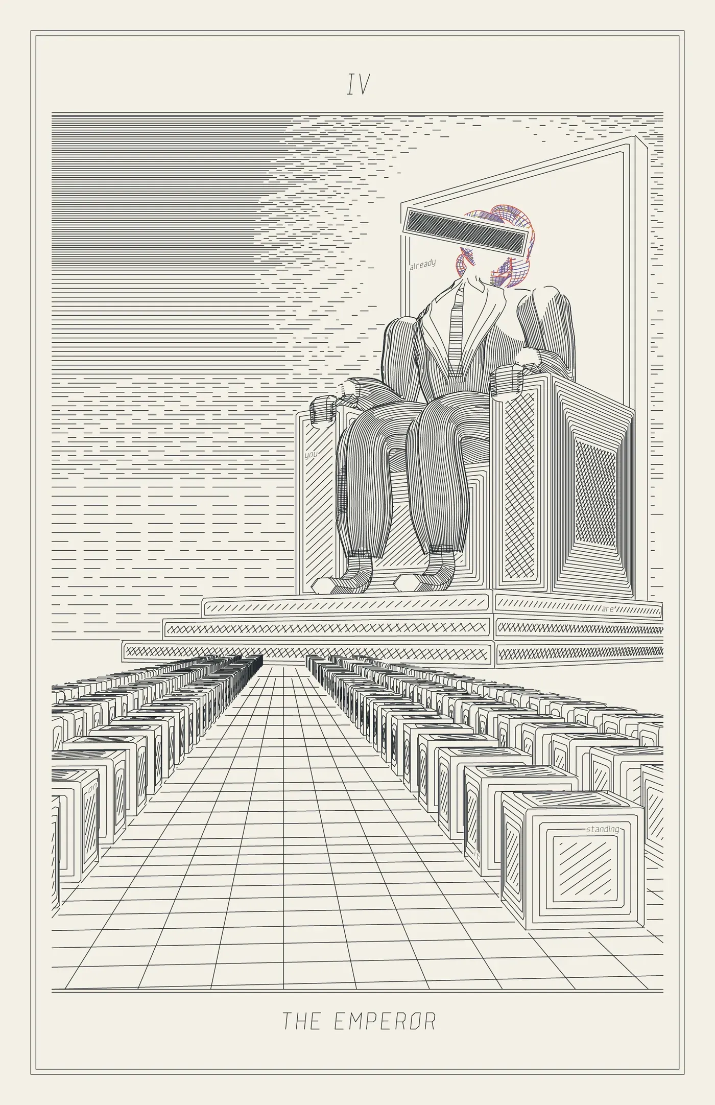IV The Emperor: a colossal seated figure in a pinstripe suit on a stepped throne at the far end of an avenue of identical blocks, its head a coil of helix behind a flat hatched censor bar, the sky thinning to paper round it.