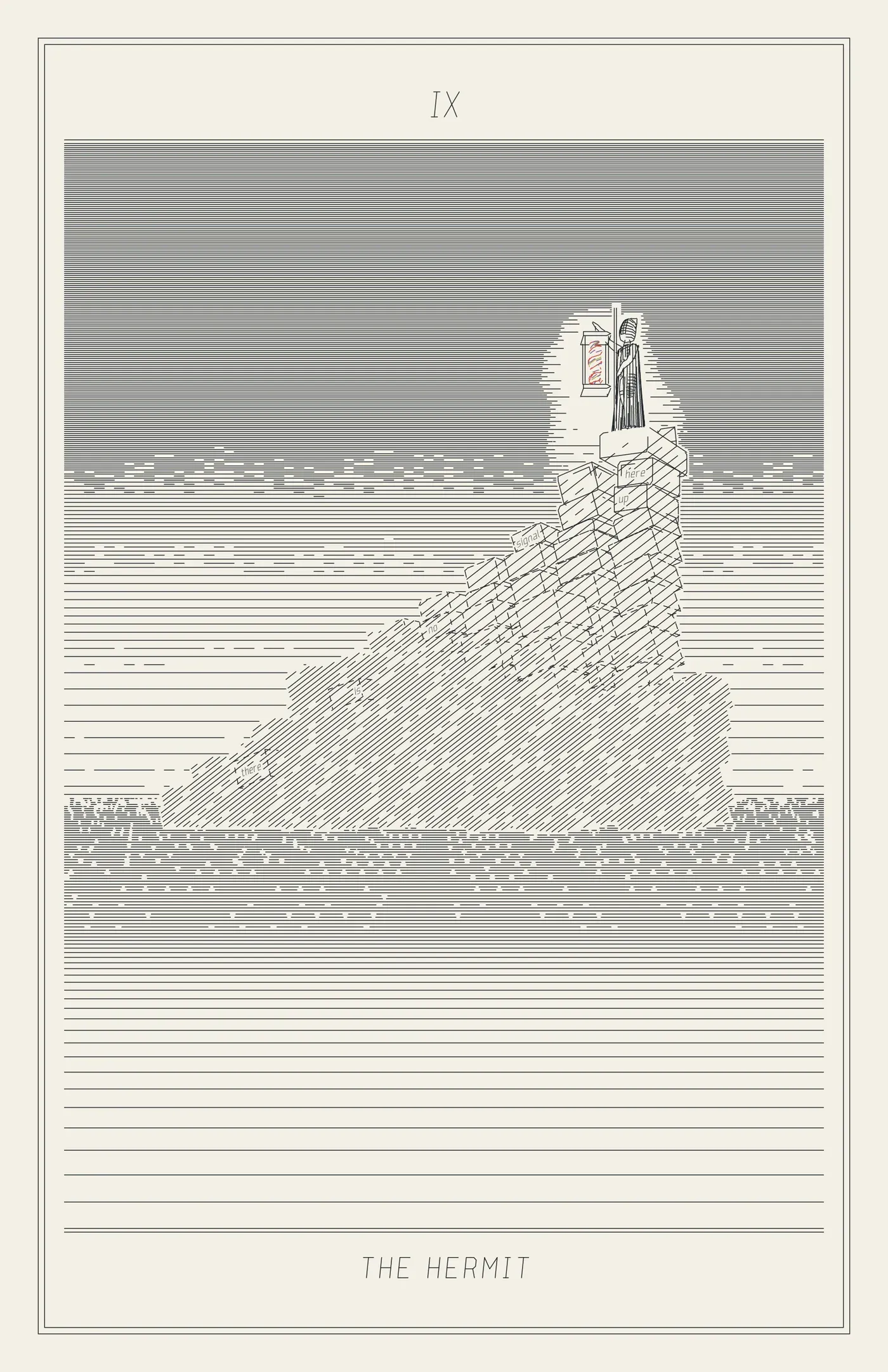 IX The Hermit: a dark engraved night; a stair of rough slabs climbs to a summit high above the horizon, where a small hooded figure with a staff holds up a lantern, a coiled helix inside it, its small pool of light spilling onto the stones; far below, lit points in city blocks pack into a bright band at the horizon.