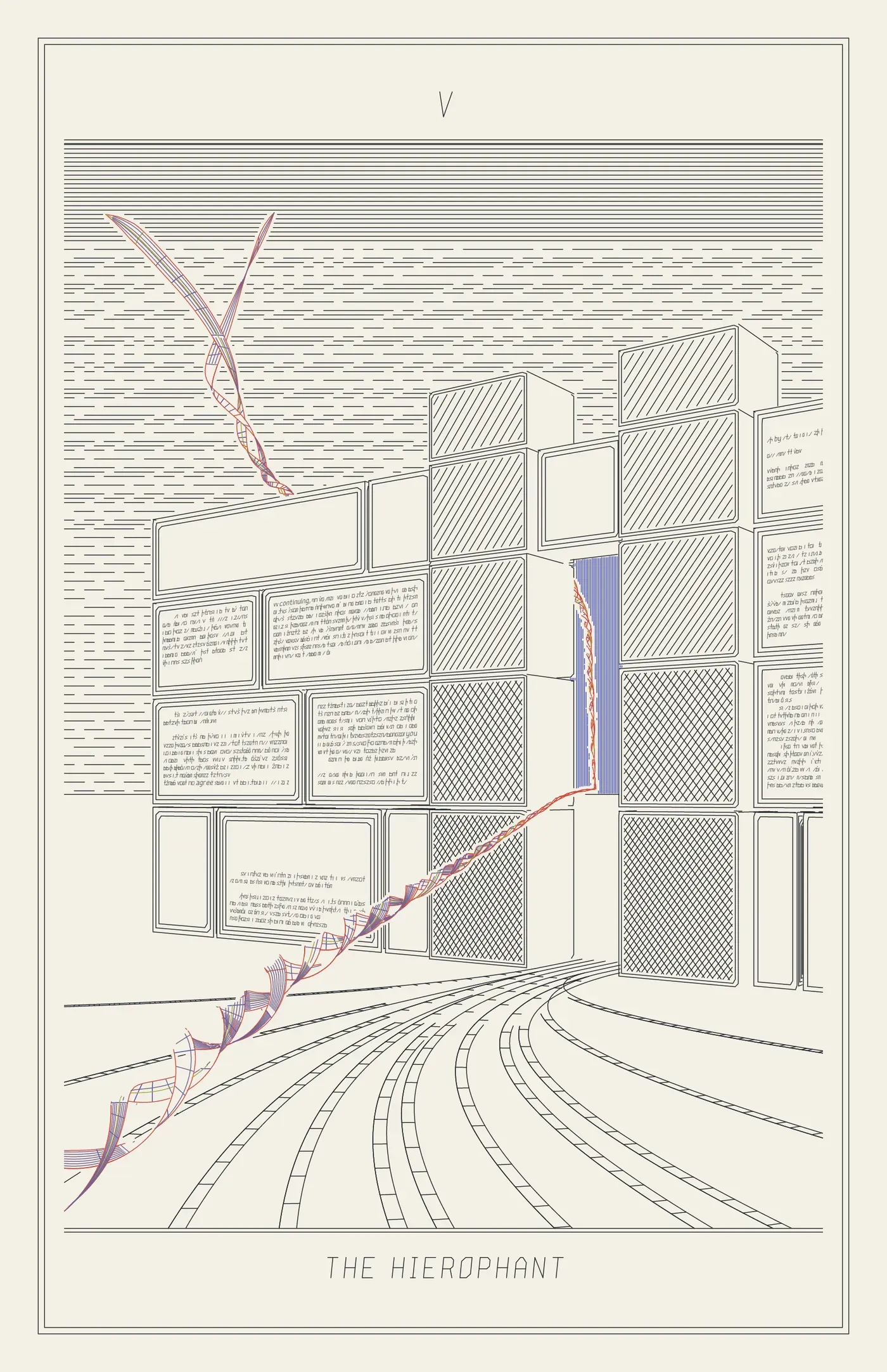 V The Hierophant: a long stone wall on a diagonal, engraved with rows of fine print, with one narrow blue gate between two dark piers; paved lanes curve in and merge into the gate, and the helix pinches to a thread through it and opens into a V above the wall.
