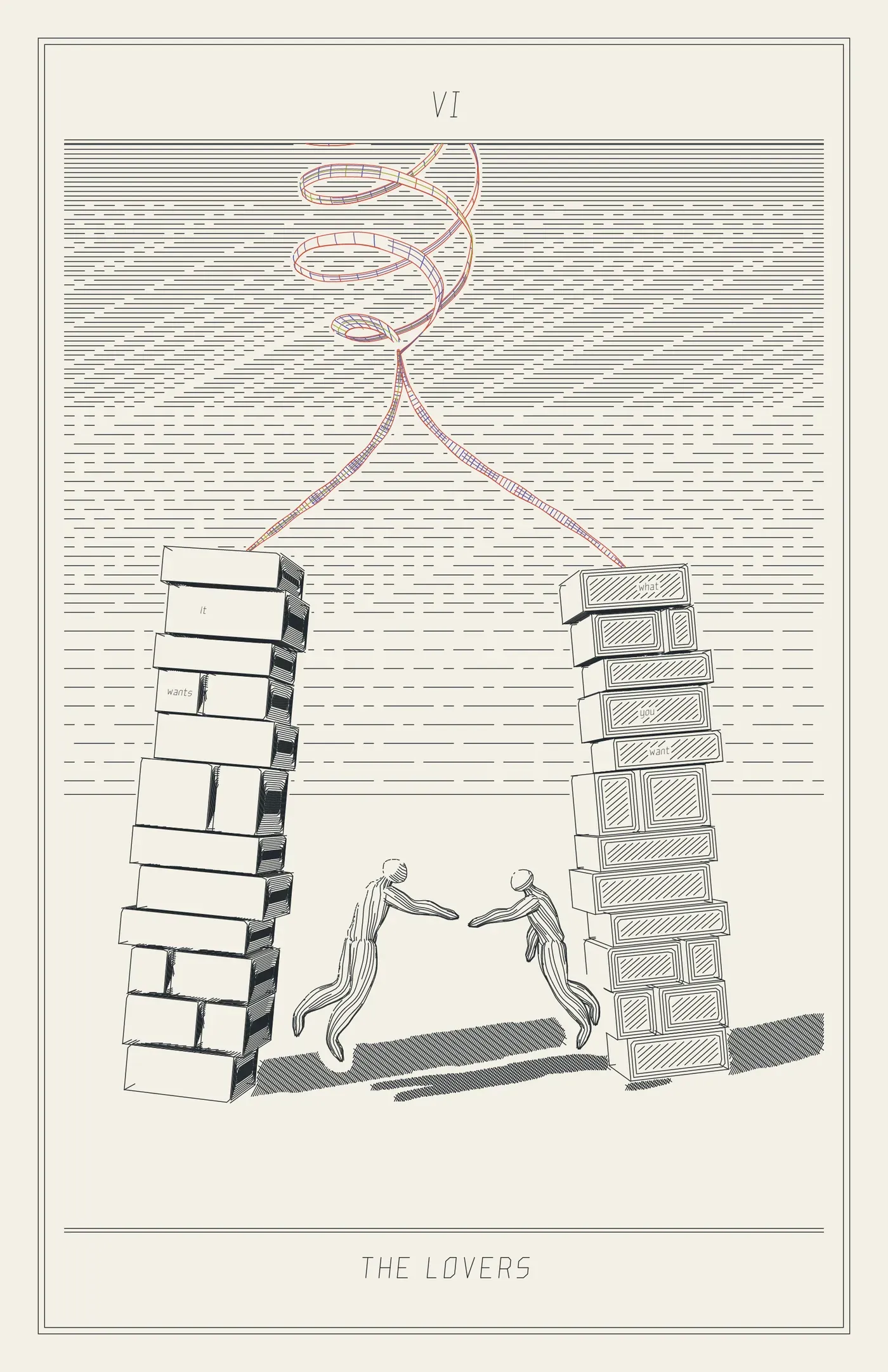 VI The Lovers: two leaning towers of slab courses, near mirror images, with two small figures floating in front of them reaching toward each other across the gap, their shadows loose on the ground, and two helix strands rising from the towers' tops to entwine overhead.