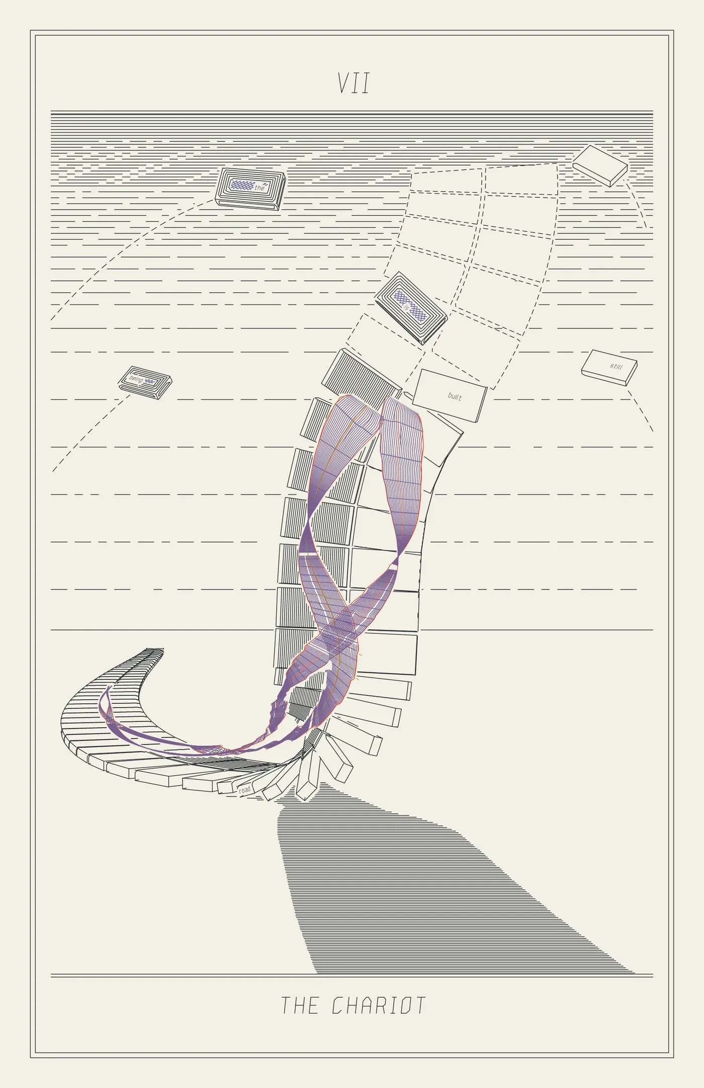 VII The Chariot: a road of slabs curls along the ground from the horizon and lifts into a ramp built in mid-air, a helix streak racing up it to the road's unfinished edge, dashed outlines of road not yet laid carrying on into the sky, slabs flying in from both sides.