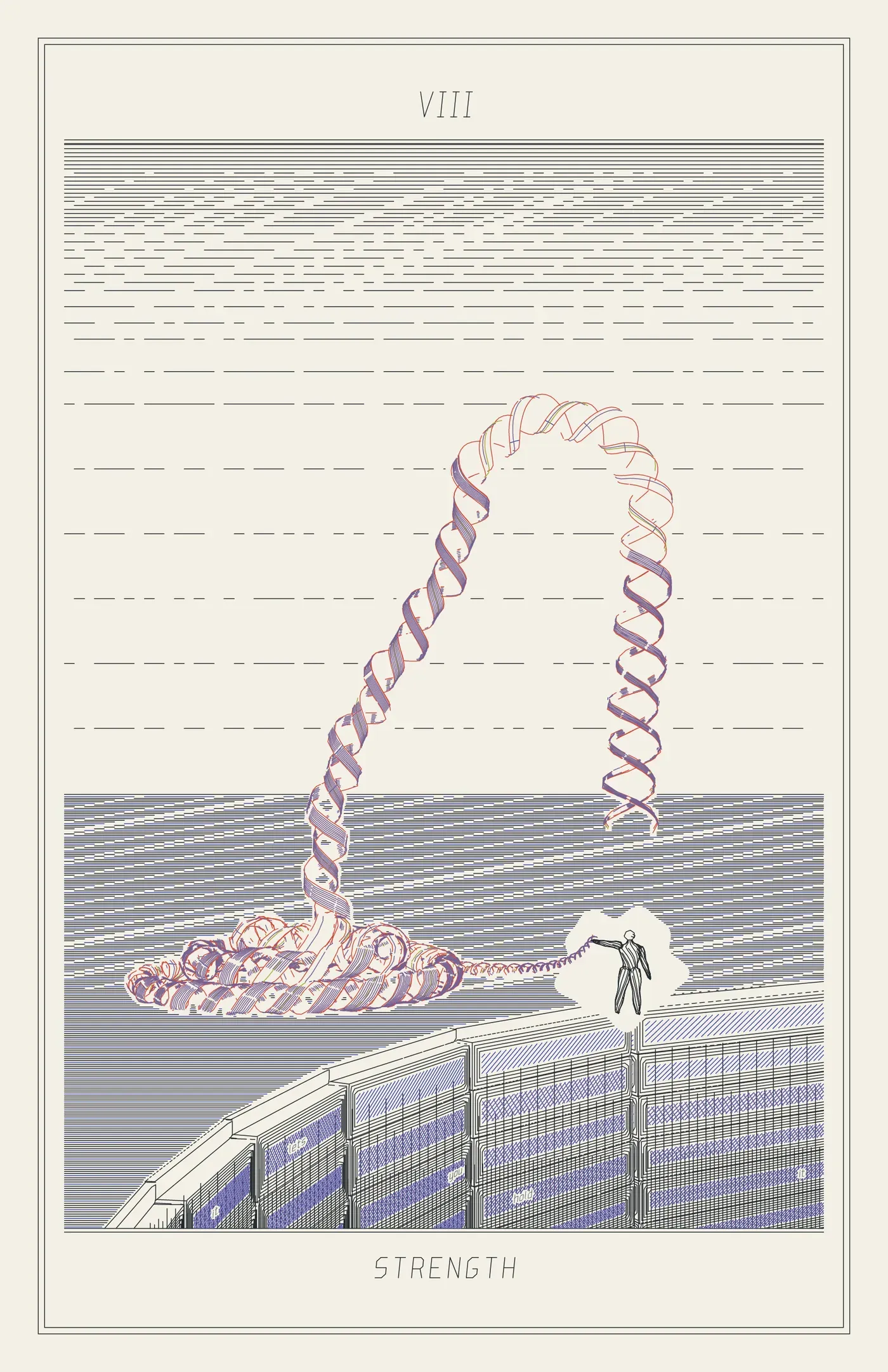 VIII Strength: a thin arched dam holds back a dark ruled lake; a huge helix lies coiled on the water and rises like a swan's neck to hang its head over a small figure on the dam, who holds the end of its tail in one hand.