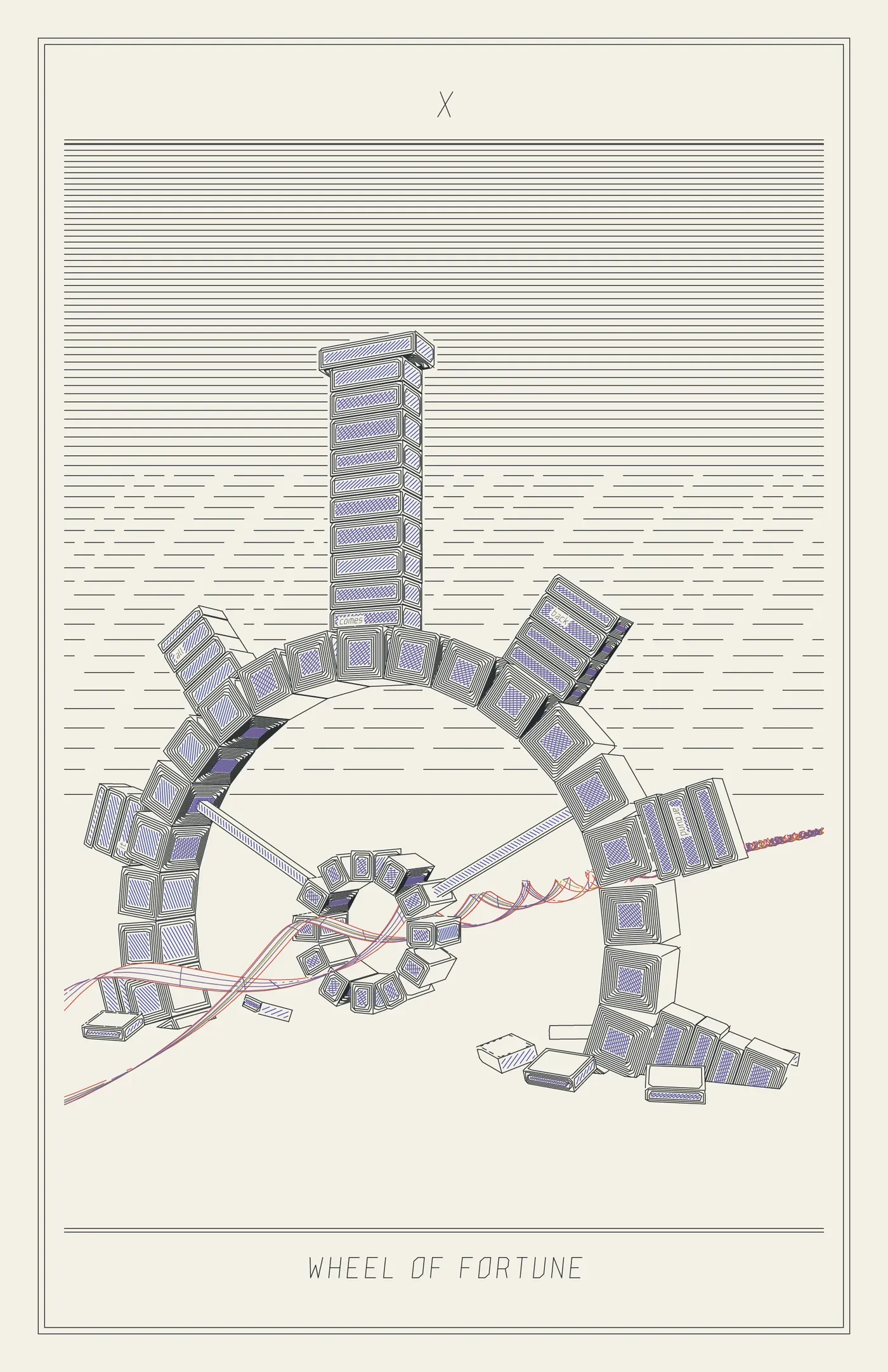 X Wheel of Fortune: a round stone wheel half sunk in the plain, towers on its rim rising pale out of broken ground on one side, one standing upright at the top, and plunging dark headfirst into the ground on the other, a helix running through its hub as the axle.