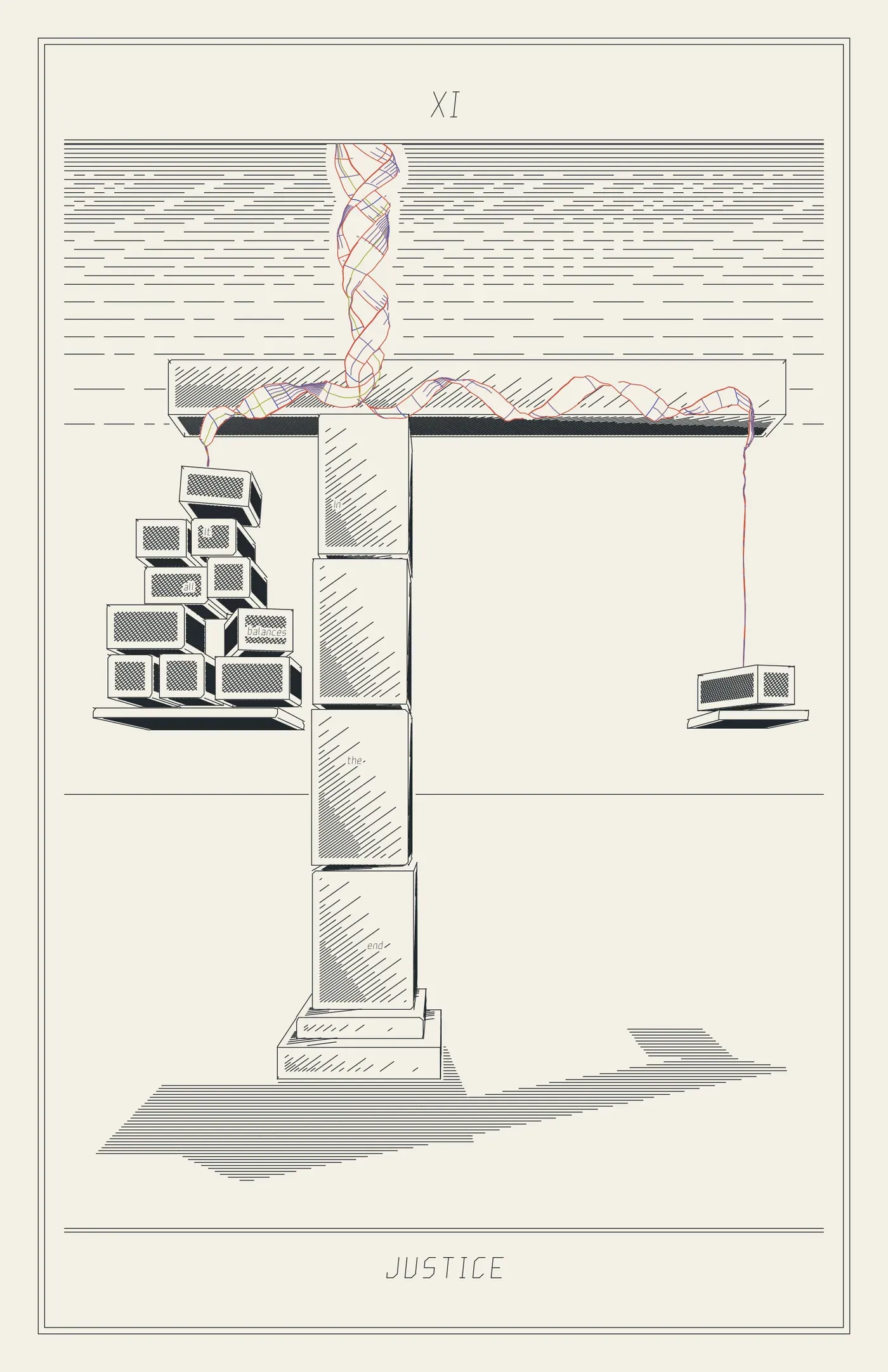 XI Justice: a long level beam on an off-centre column, a heavy dark heap of blocks on the short arm balancing one small block on the long arm, the pans hung from the helix's two strands, and on the ground the balance's shadow tipped toward the heap.