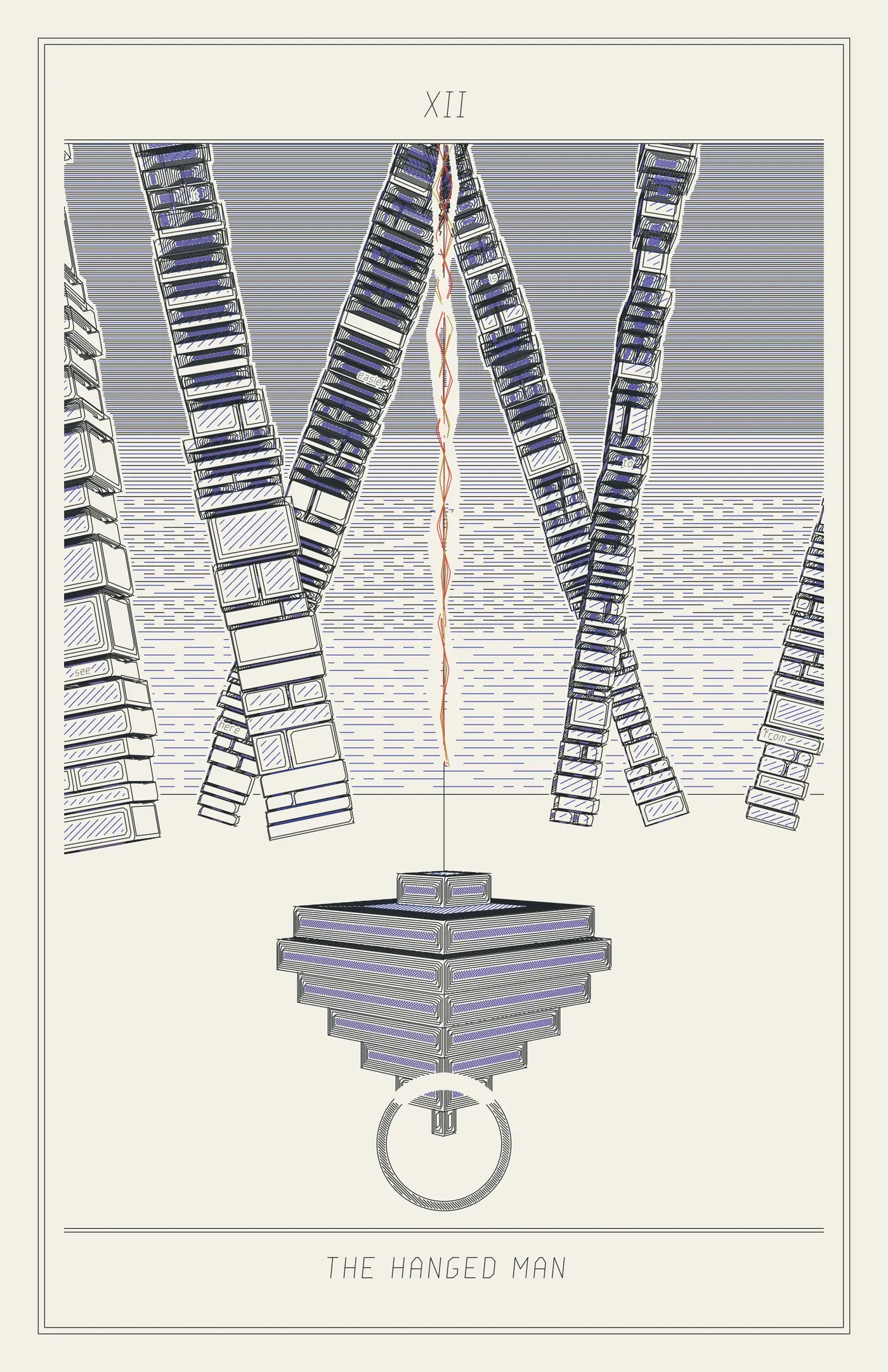 XII The Hanged Man: a heavy dark stepped plumb bob hangs on a single thread from a helix line, its point inside a flat hatched ring on the ground, among tall towers of slab courses leaning at crossing angles against a ruled dark sky.