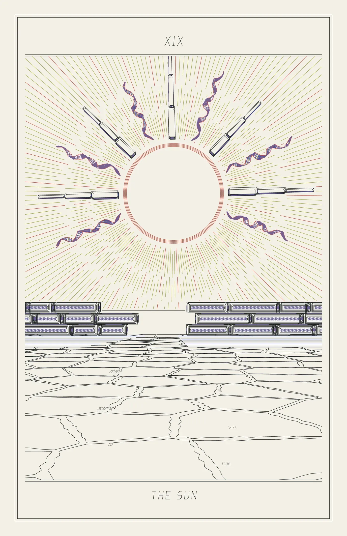 XIX The Sun: an enormous blank disc with alternating straight slab rays and wavy helix rays over a low wall and a cracked desert.