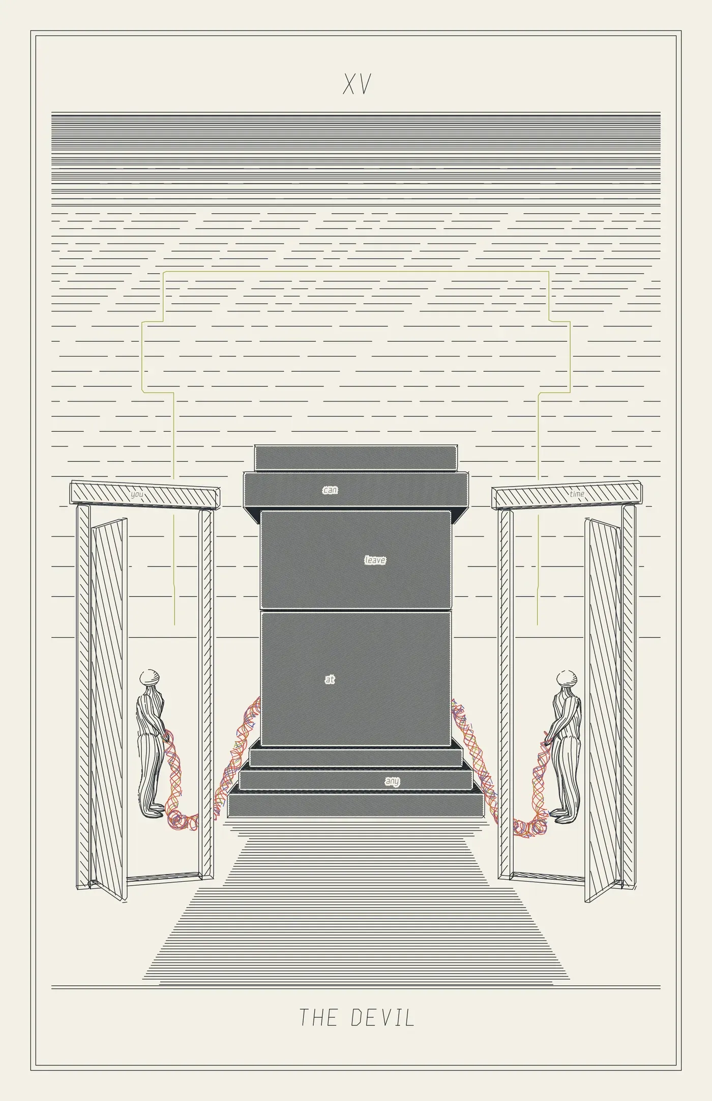 XV The Devil: a squat dark stone monolith at the centre, its shadow falling toward us; two small figures face it, leashed by slack helix ropes, each standing inside an open doorway with the door swung wide; a faint outline of the monolith looms in the sky.