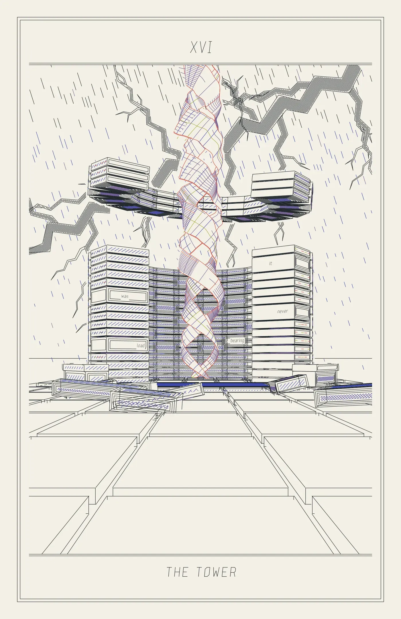 XVI The Tower: a Cray-style supercomputer, a C of blade columns open at the front, its ring-shaped top floating above it; a helix rises from its core up through the lid, and a forked hatched lightning bolt crosses the stormy sky behind it.