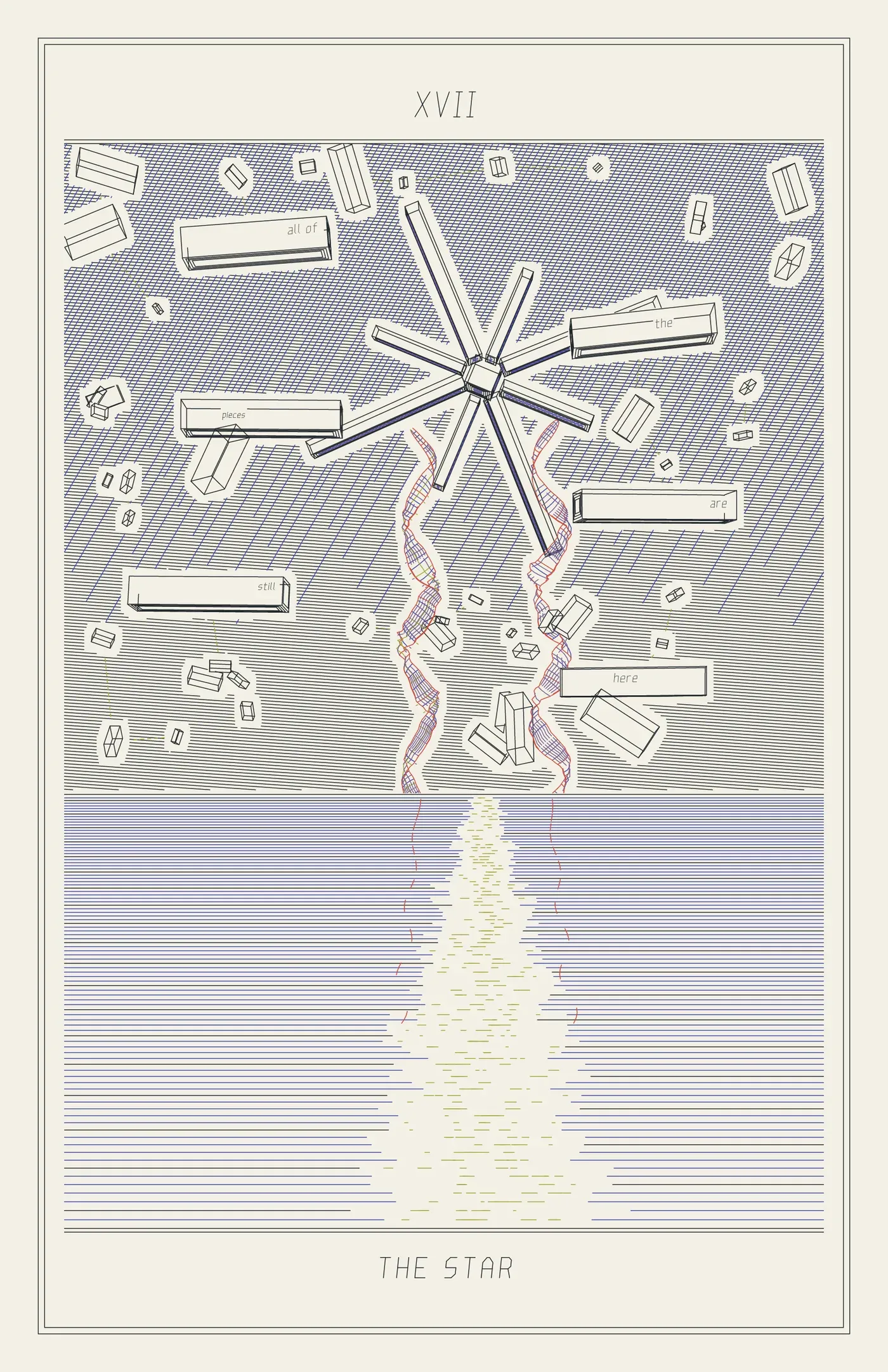 XVII The Star: an eight-pointed star of slabs in a dense engraved night, fragments shining as stars, two helix streams pouring into dark water with a glitter path.