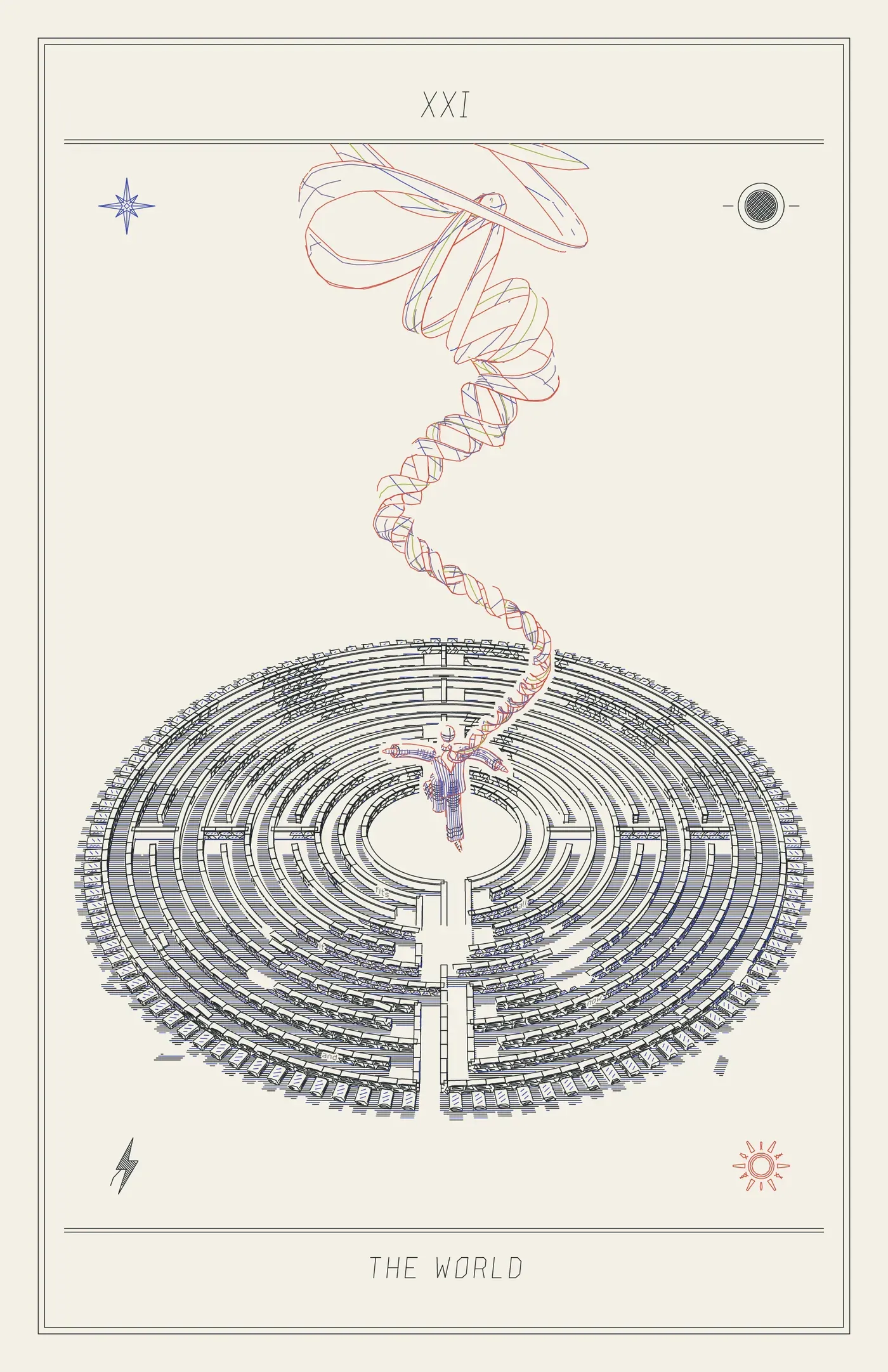 XXI The World: the Chartres labyrinth built of knee-high block walls, seen from above, its shadows falling outward from a man in a fitted pinstriped suit standing arms open at the centre; his tie, a helix, climbs out of the centre and flares wide toward the top of the card. A star, a black disc, a bolt and a sun sit in the four corners.